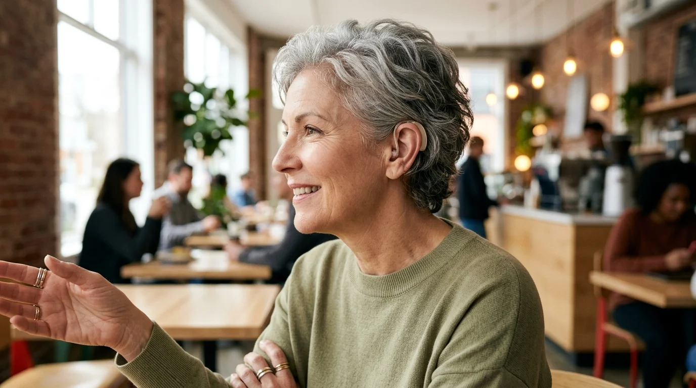 Mujer en reunión social usando el audífono invisible Micro-RIC 16X