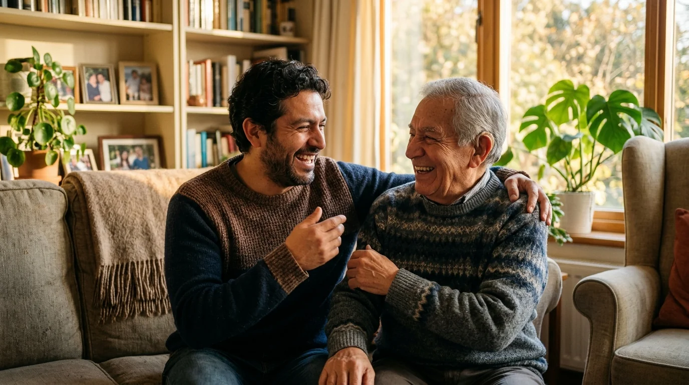 Padre e hijo conversando y riéndose juntos en la sala gracias a los audífonos Micro-RIC 16X