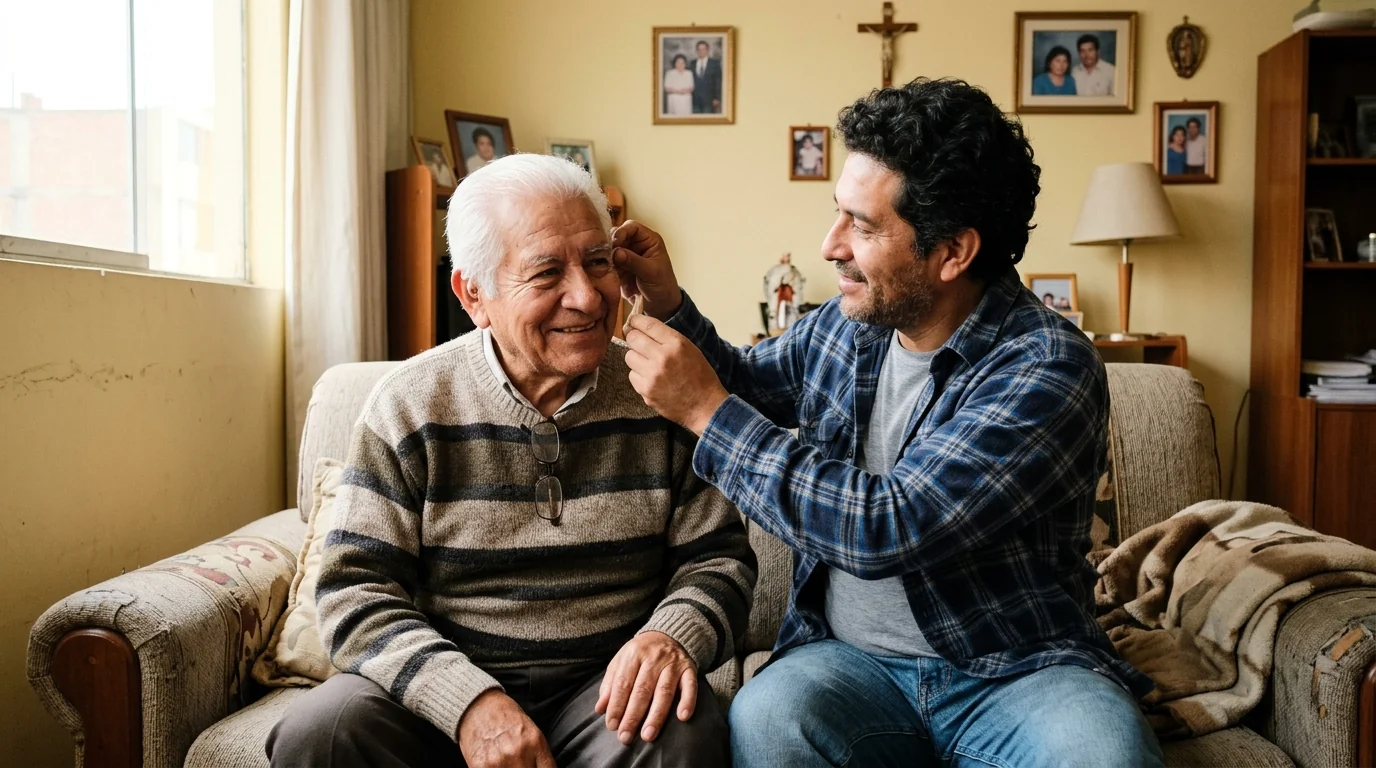 Hijo colocando el audífono Micro-RIC 16X a su padre en su sala